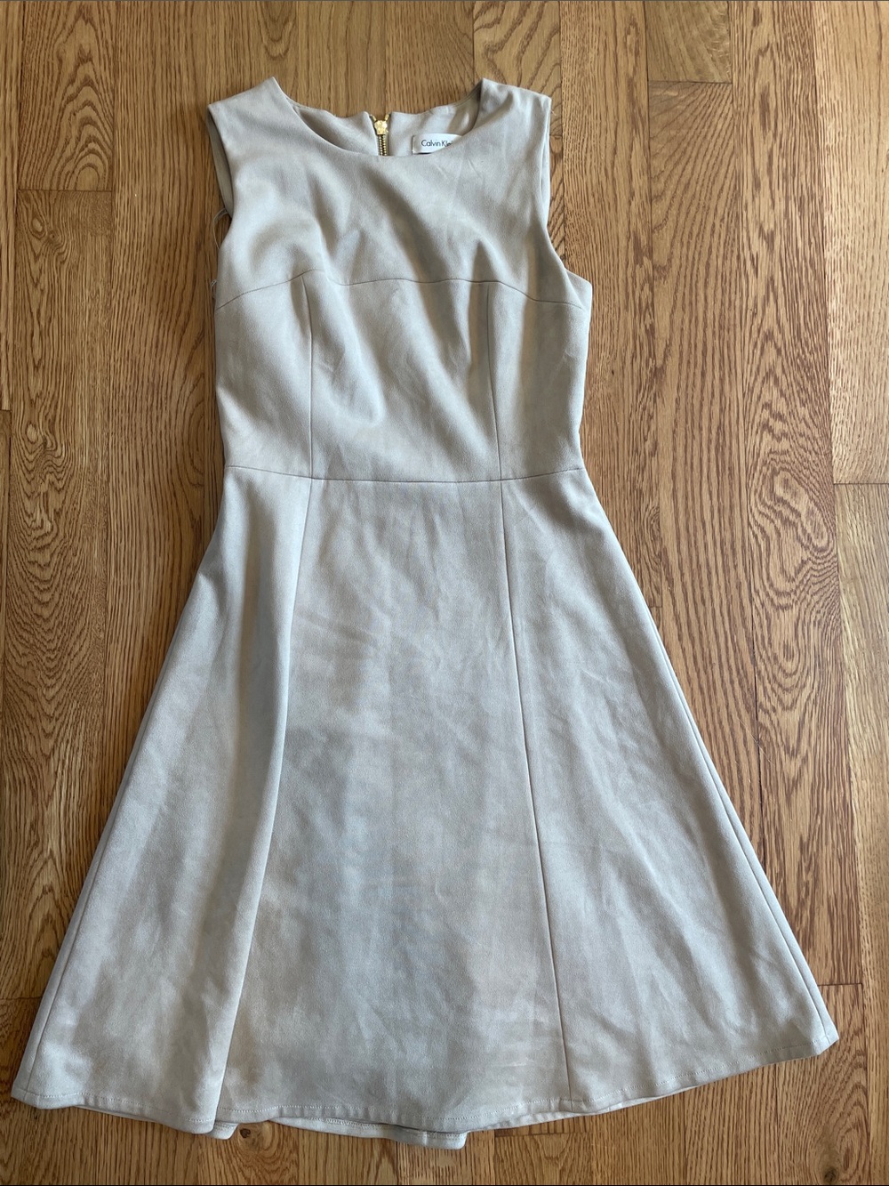 Calvin Klein Sleeveless Midi Fit-and-Flare Dress in Light Beige Suede